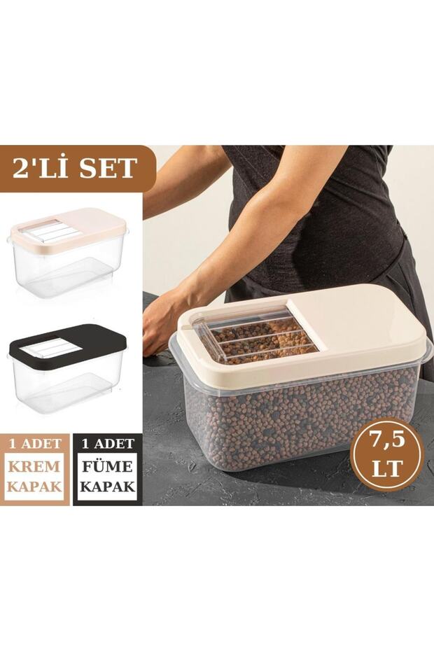 7,5 Lt Un Bakliyat Erzak Saklama Kabı Deterjan Kutusu 2’li Set Füme+krem - 1
