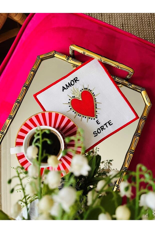 Amor E Sorte منديل كوكتيل منقوش على شكل قلب (قطعة واحدة)
