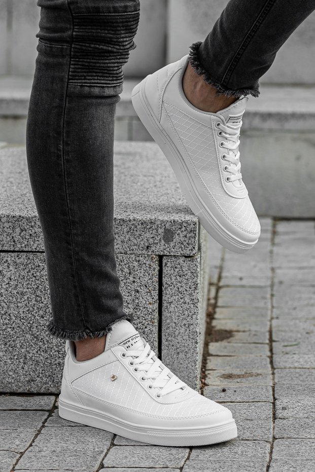 Men's White Daily Lace-up Quilted Orthopedic Flexible Sneaker Comfortable Thick Sole Sports Shoes