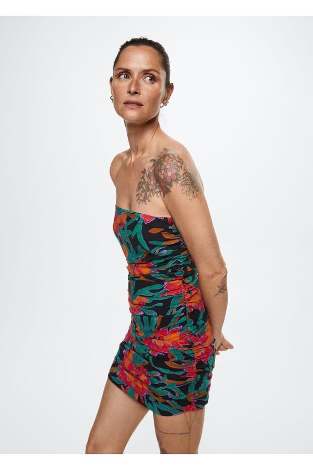 Desenli Drapeli Elbise - 1