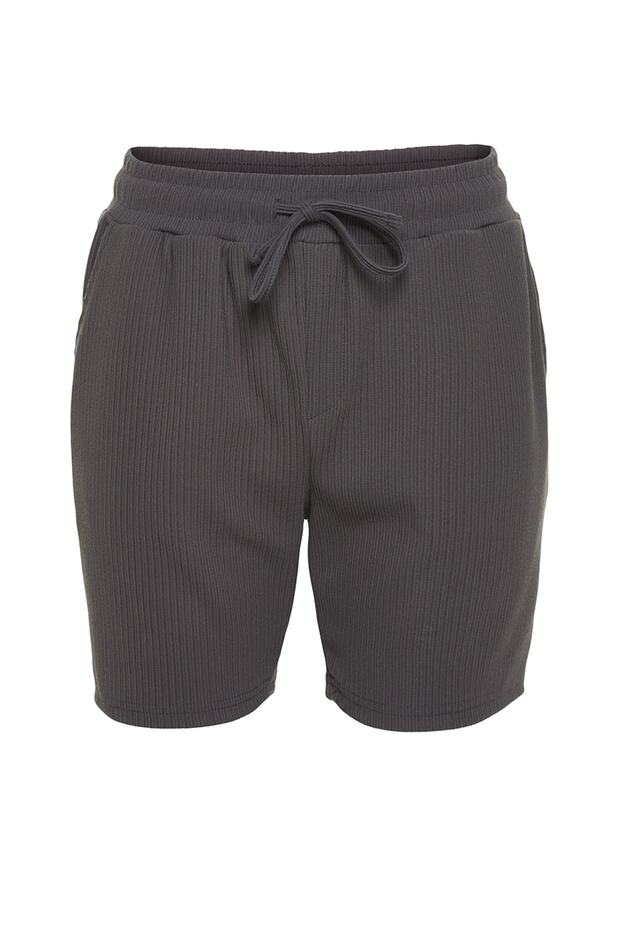 Basic Füme Regular/Normal Kesim Orta Boy Bağcıklı Dokulu Kırışmaz Ottoman Şort TMNSS23SR00039 - 7