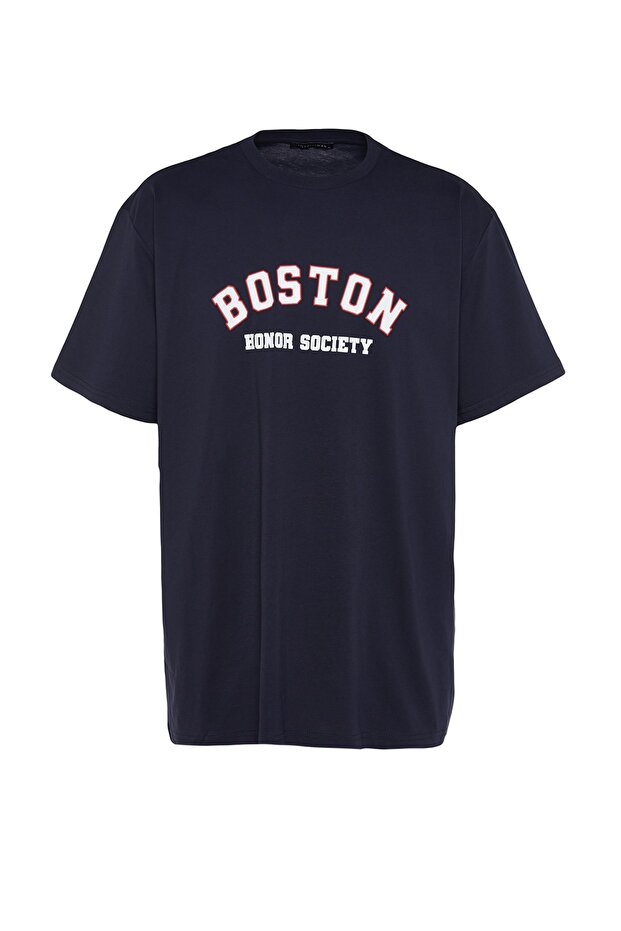 Büyük Beden Lacivert Oversize/Geniş Kesim Şehir Baskılı %100 Pamuklu T-Shirt TMNSS23TS00135 - 7