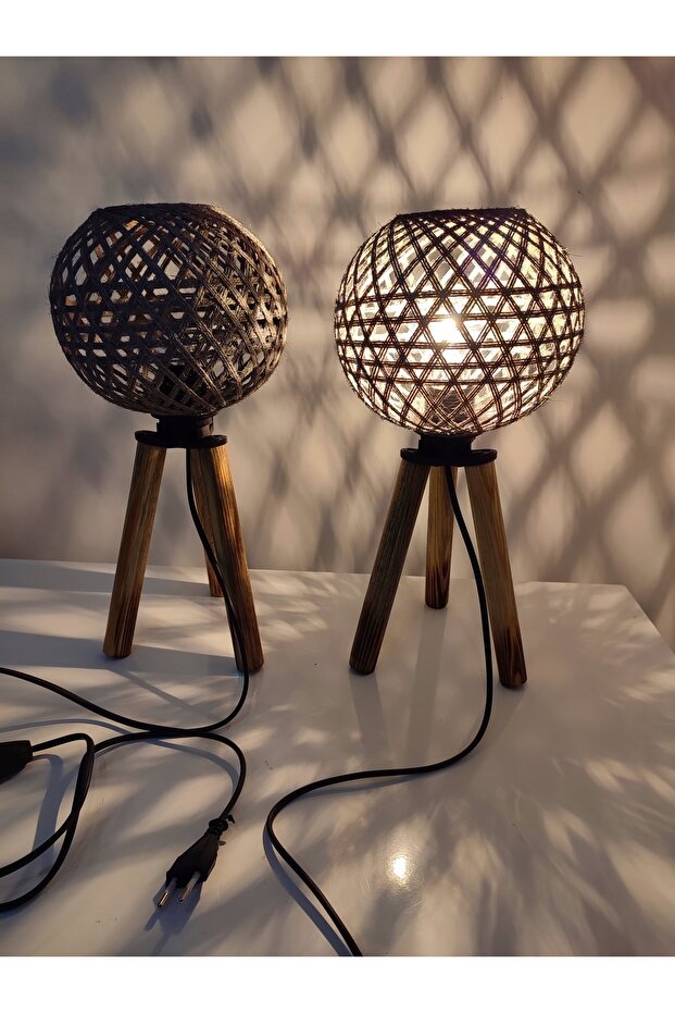 Ahşap Üç Ayak Jüt Başlık 2li Abajur - 3