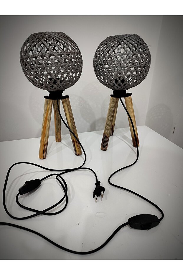 Ahşap Üç Ayak Jüt Başlık 2li Abajur - 5