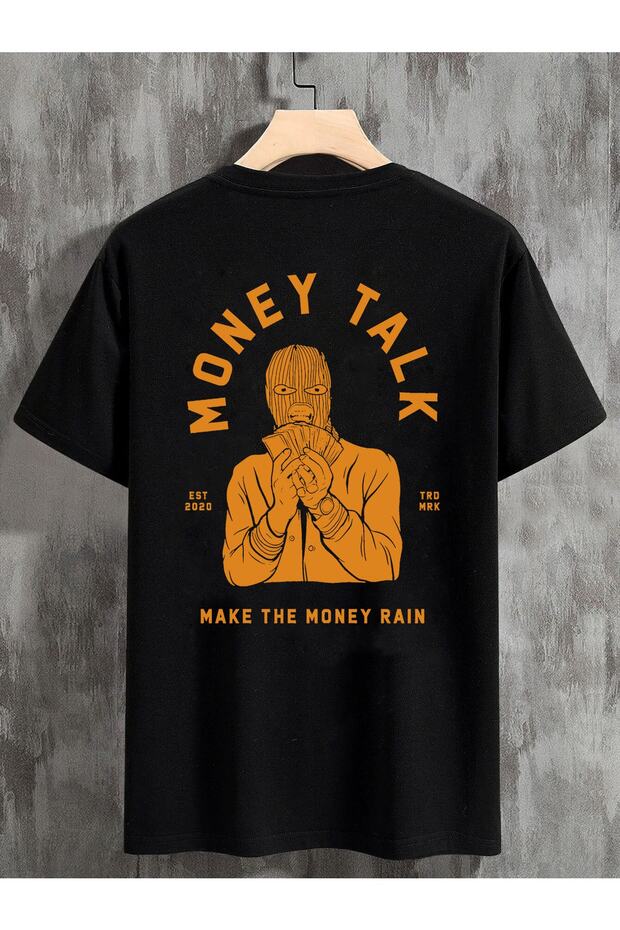 تي شيرت كبير الحجم للجنسين مطبوع عليه Money Talk من الخلف باللون الأسود