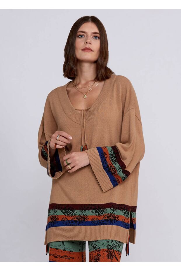 Kaşmir Yün Karışımlı V Yaka Camel Triko Tunik - 1