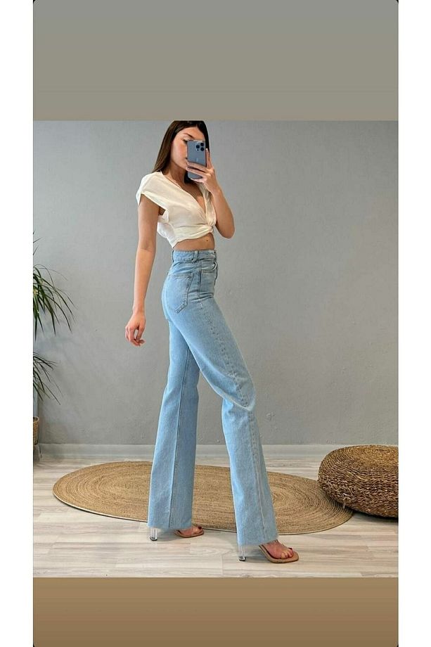 Libby Mavi Kar Yıkama Yüksek Bel Bol Paça Denim Kot Pantolon- Geniş Paça - 4