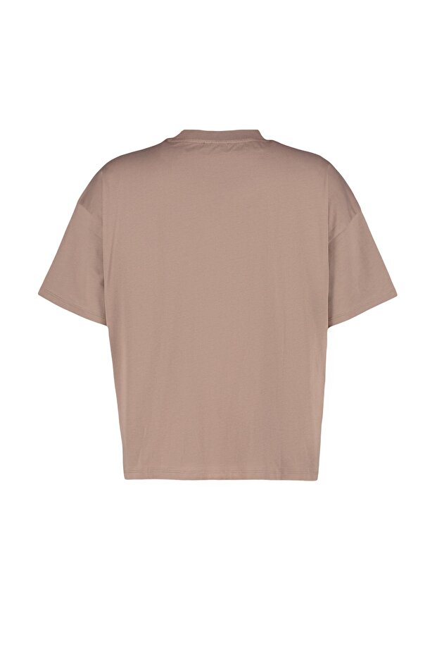 Kahverengi Yaka Ribanalı Geniş Kalıp Basic %100 Pamuk Örme T-shirt TBBSS23BF00017 - 7