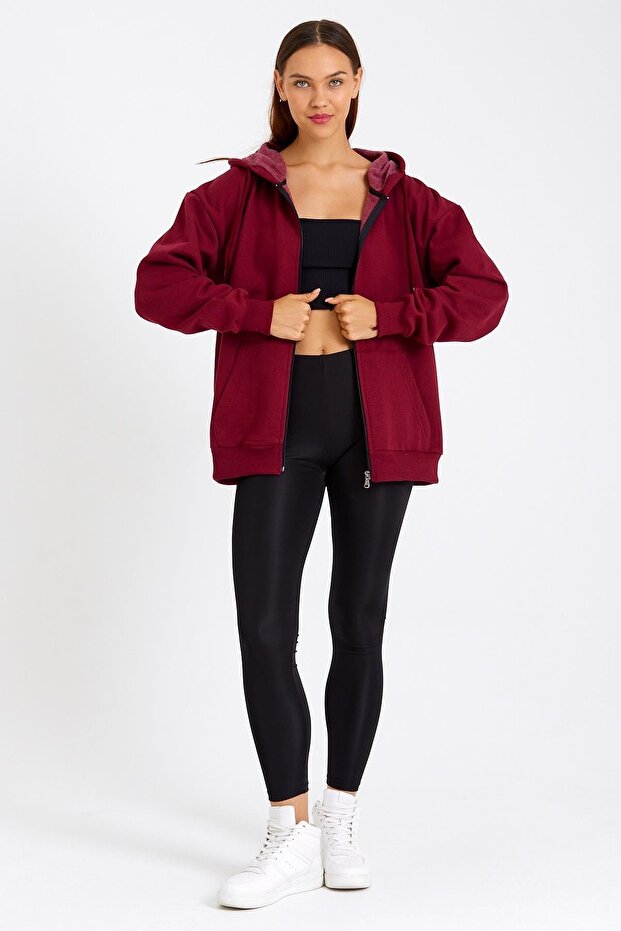 Claret Red Kangaroo Pocket Hooded Zippered Inside Cotton Oversize Women's Sweatshirt