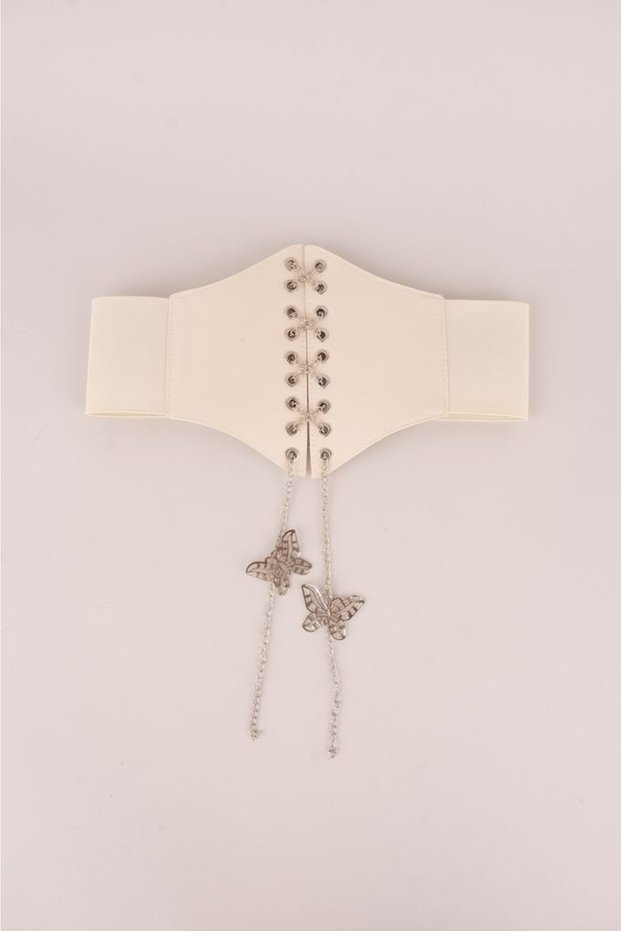Women's Elastic Corset Belt Silver Butterfly And Chain Lace-up Elastic Belt Dress Belt Waist Belt