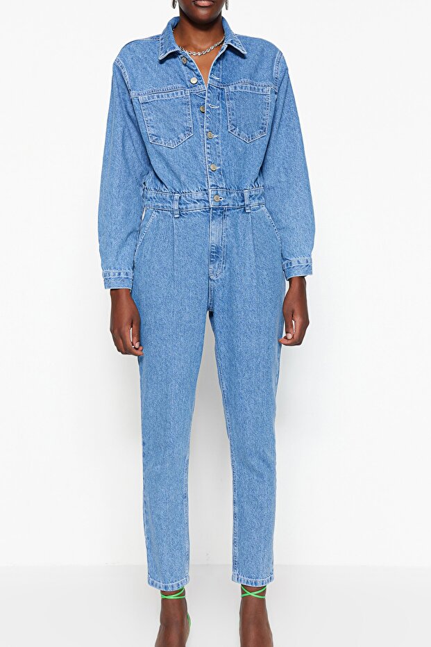 Mavi Bel Detaylı Denim Tulum TWOAW23TU00065 - 5
