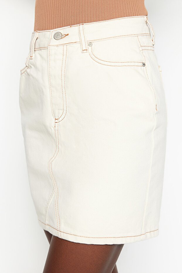 Ekru Basic Düz Yüksek Bel Denim Etek TWOSS20ET0181 - 10
