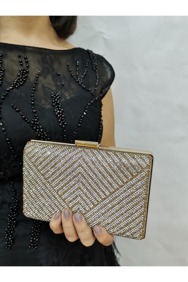 Women's Gold Gold Stone Evening Dress Clutch Portfolio Hand Night Wedding Engagement Bag