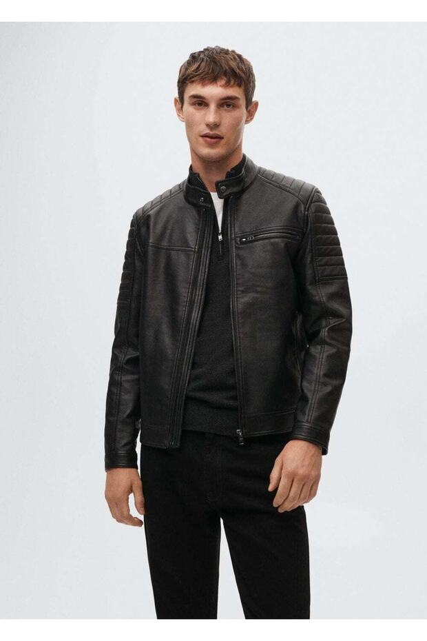 Deri Görünümlü Biker Ceket - 1