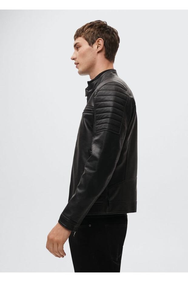 Deri Görünümlü Biker Ceket - 6