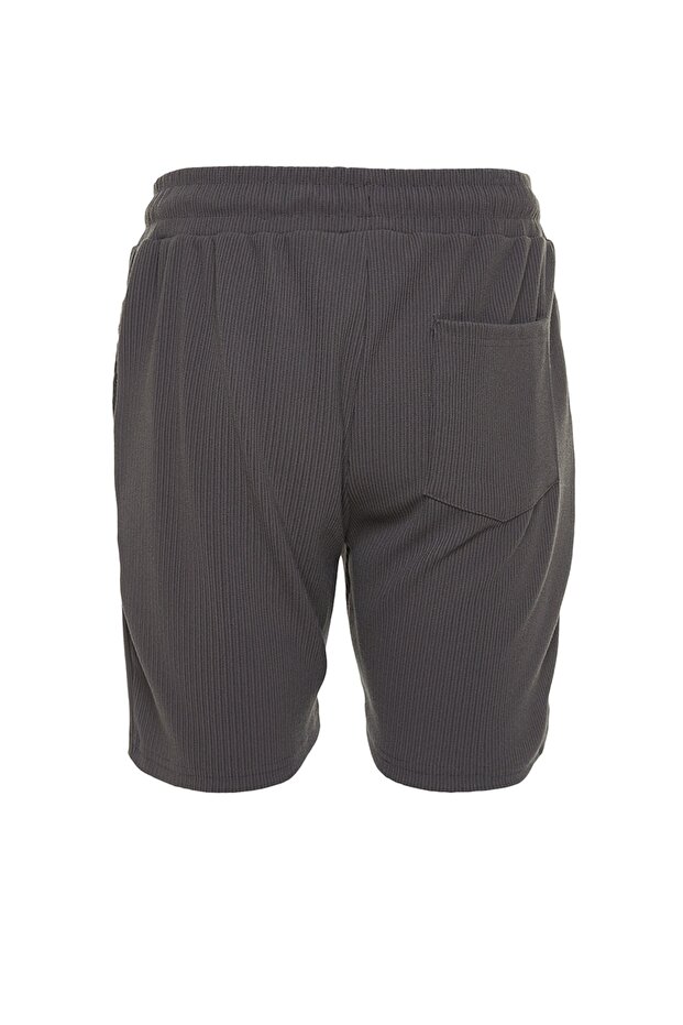 Basic Füme Regular/Normal Kesim Orta Boy Bağcıklı Dokulu Kırışmaz Ottoman Şort TMNSS23SR00039 - 8