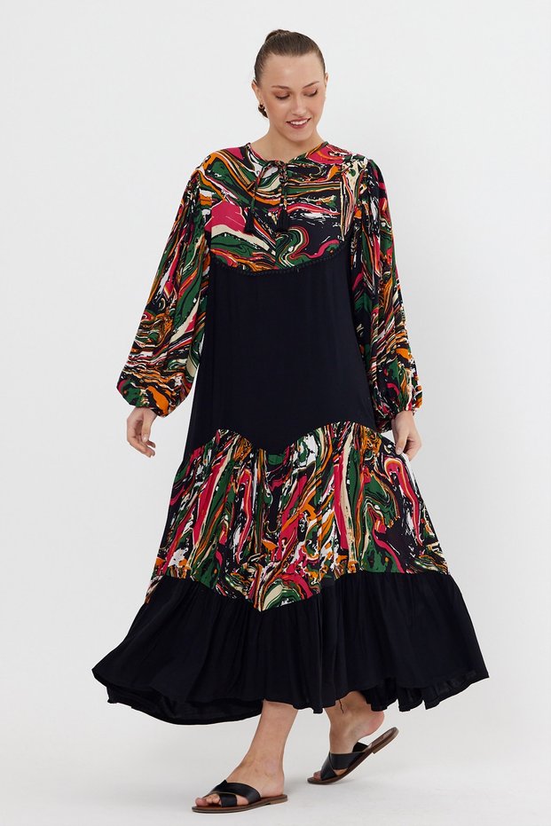 Women's Black Dress with Button Detail on the Collar and Casual Dress