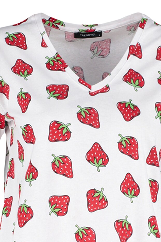 Beyaz %100 Pamuklu Çilek Desenli Şortlu Örme Pijama Takımı THMSS23PT00013 - 8
