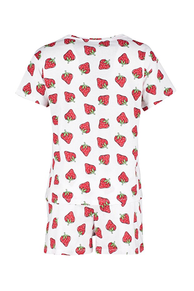 Beyaz %100 Pamuklu Çilek Desenli Şortlu Örme Pijama Takımı THMSS23PT00013 - 9