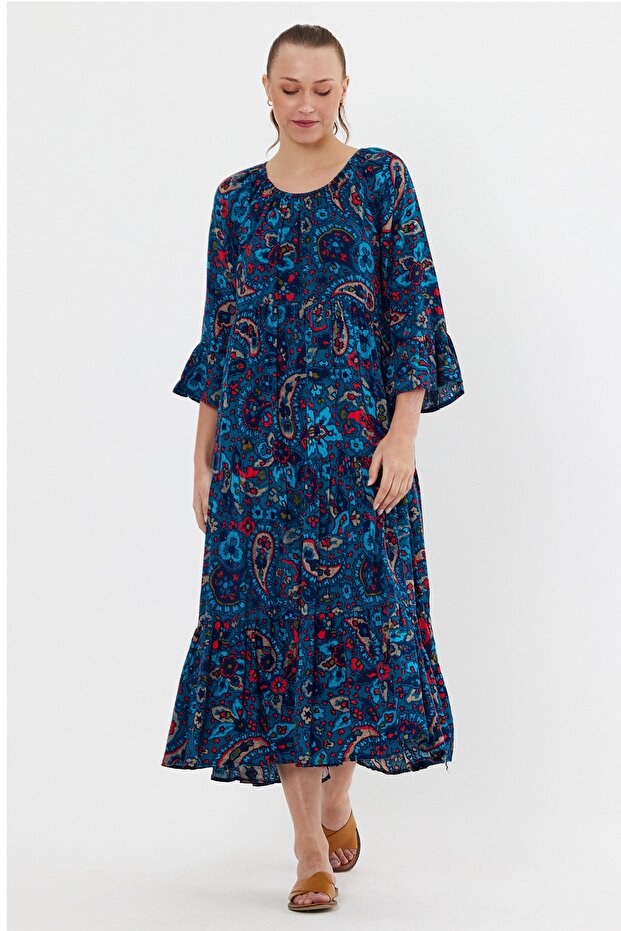 Women's Petrol Blue Bohemian Shawl Pattern Ethnic Authentic Dress