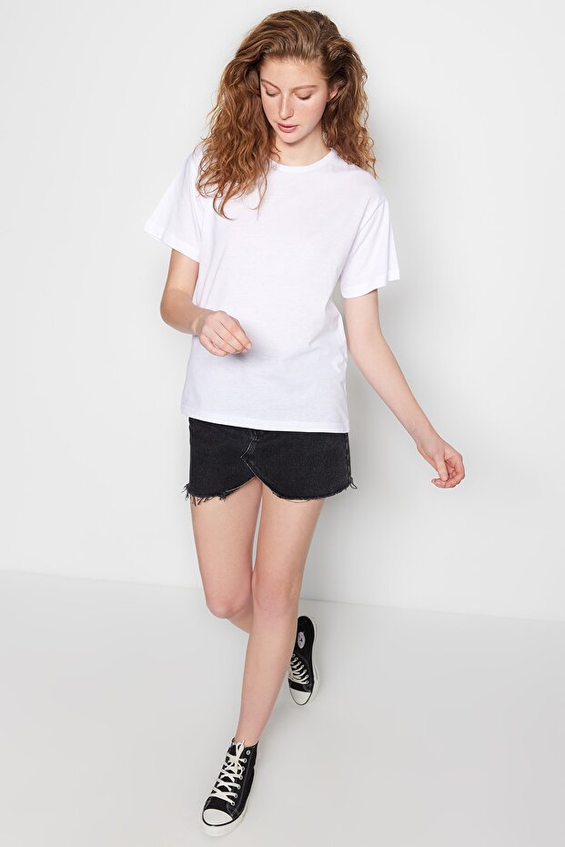 Beyaz %100 Pamuk Bisiklet Yaka Oversize/Geniş Kalıp Örme T-Shirt TWOSS20TS0134 - 12
