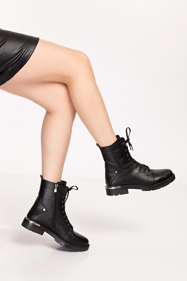 Genuine Leather Metal Heel Detailed Boots Dgn.601 - Black - 37