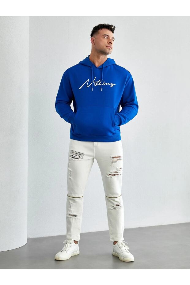 Unisex Oversize Nathing Printed Cobalt Blue Hooded Sweatshirt