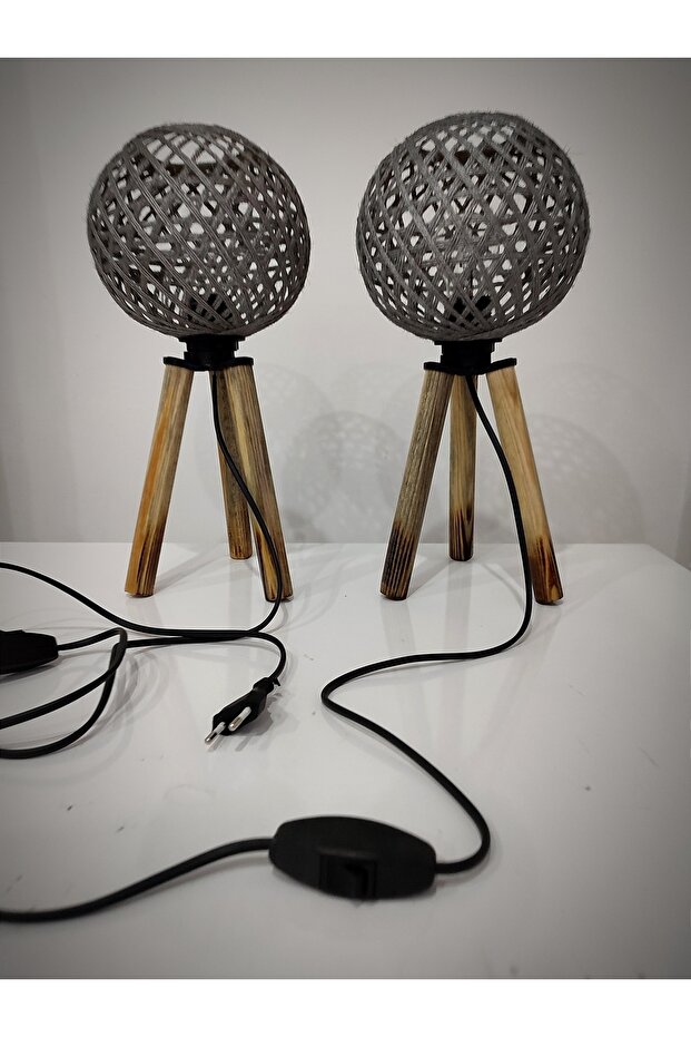 Ahşap Üç Ayak Jüt Başlık 2li Abajur - 2