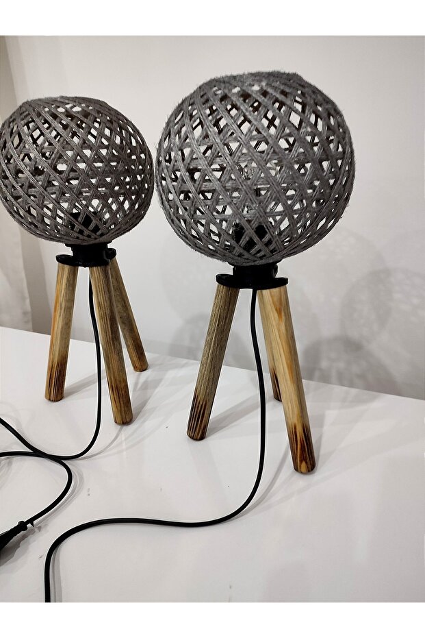 Ahşap Üç Ayak Jüt Başlık 2li Abajur - 4