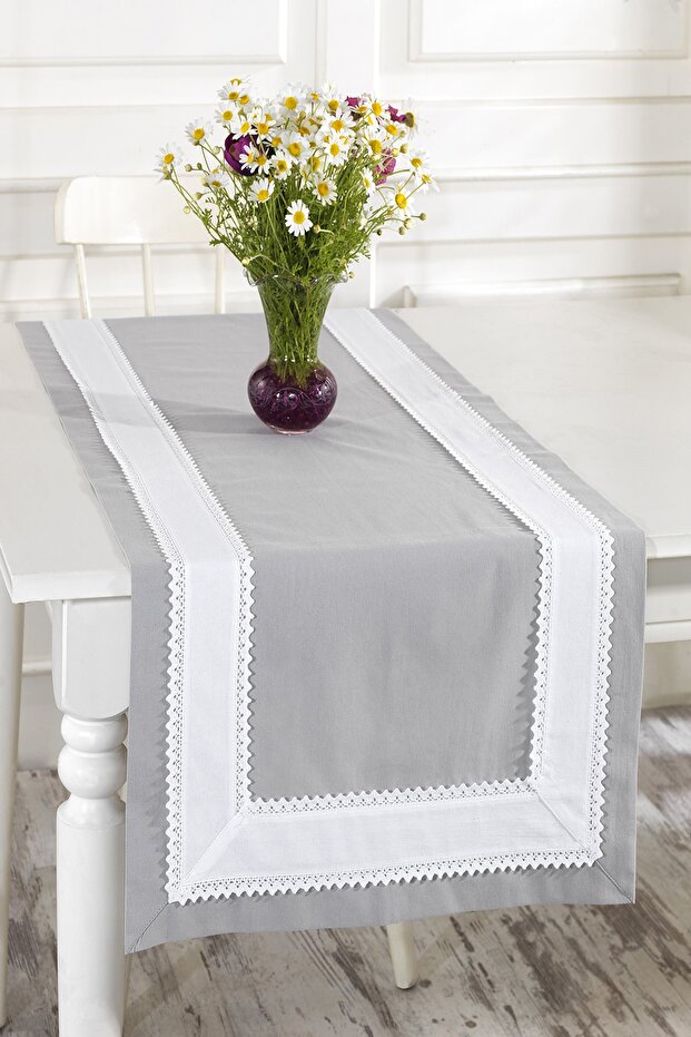 Gray Buldan Fabric with White Lace Border 50X130 cm Runner