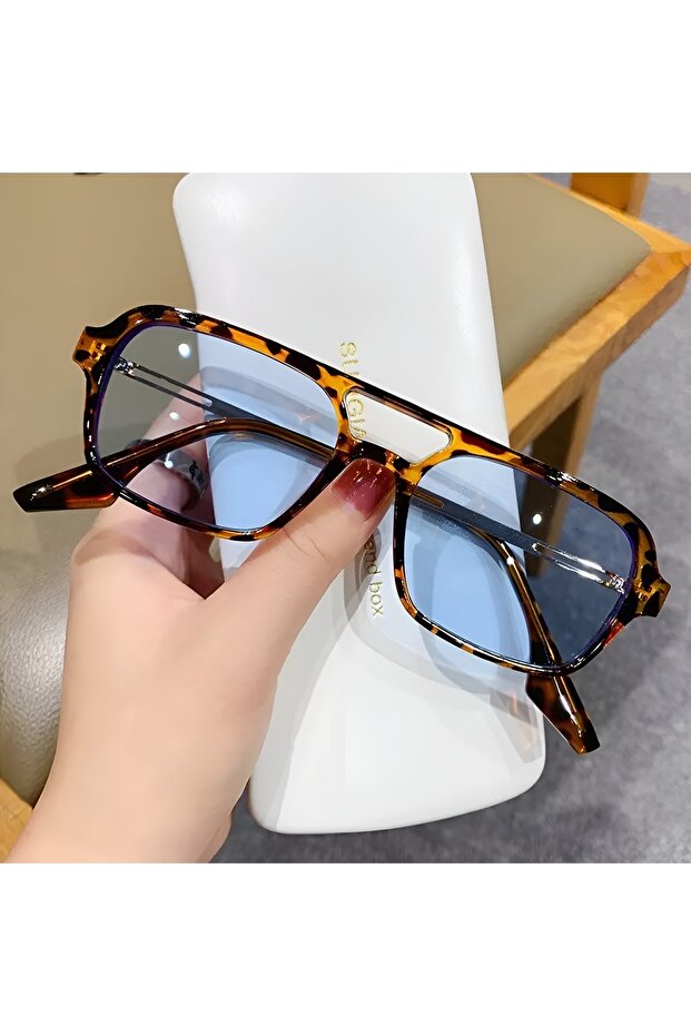 Unisex Women Men Uv400 Protected Leopard Blue Square Rectangle Image Style New Season Sunglasses