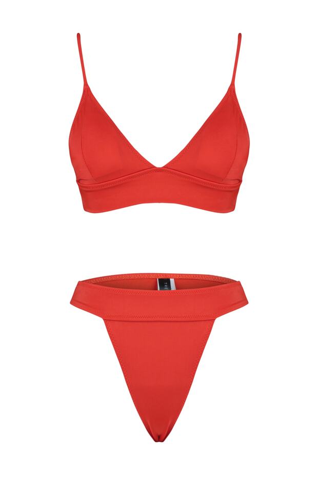 Red Triangle Textured High Leg Bikini Set TBESS23BT00069 - 5