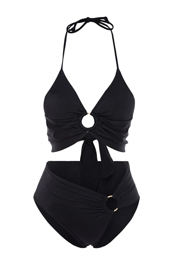 Siyah Aksesuarlı Bralette Kaplı Regular Yüksek Bel Bikini Takımı TBESS23BT00073 - 7
