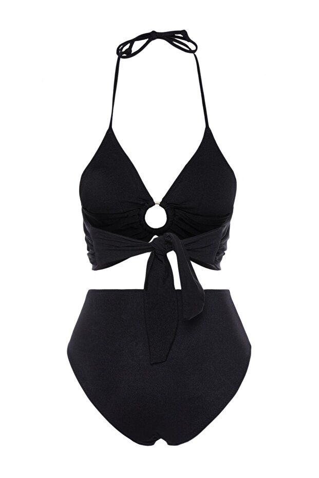 Siyah Aksesuarlı Bralette Kaplı Regular Yüksek Bel Bikini Takımı TBESS23BT00073 - 8