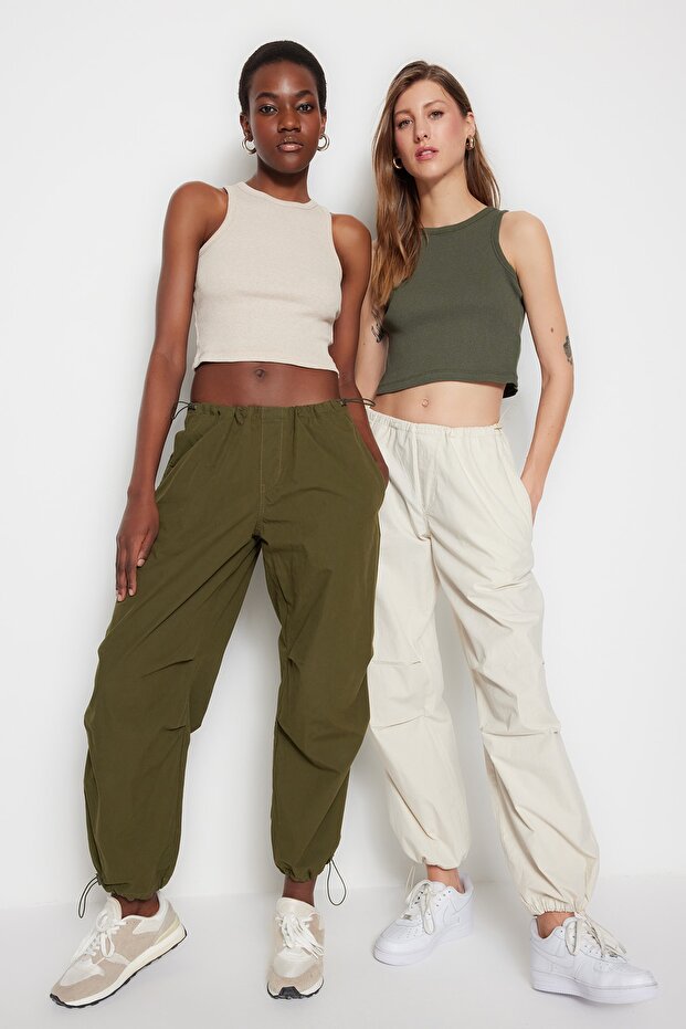 Haki-Bej 2'li Paket Fitted/Vücuda Oturan Crop Halter Yaka Fitilli Esnek Örme Atlet TWOSS21AL0058 - 1