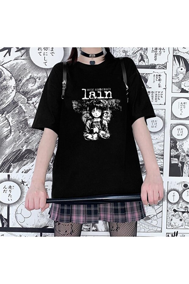 Daily Serial Experiments Lain Black Unisex Oversize T-Shirt