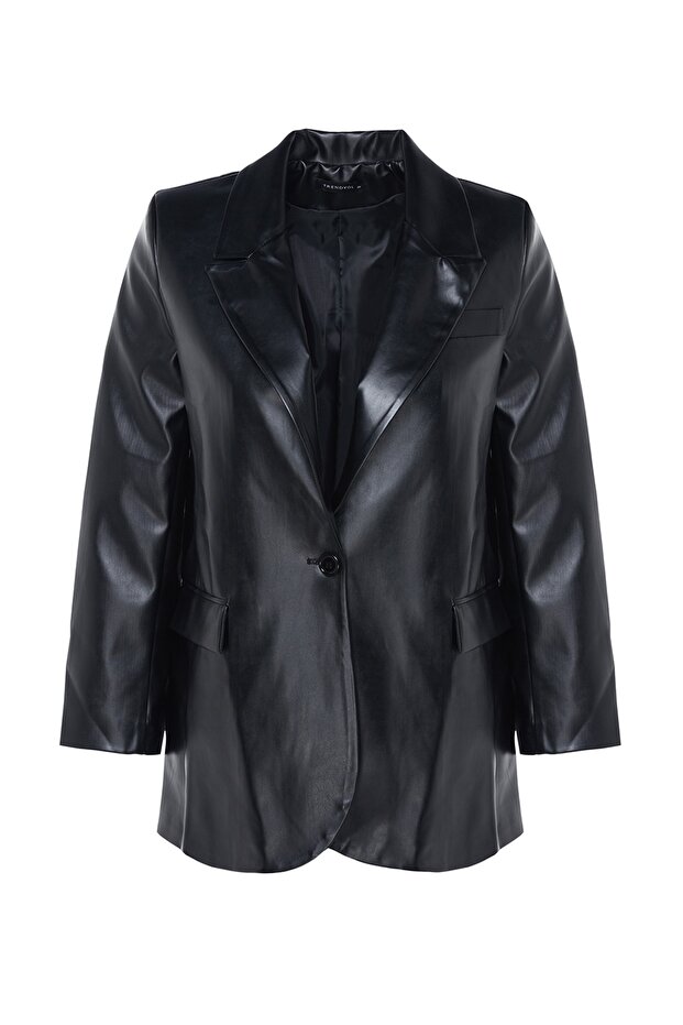 Siyah Dokuma Oversize Suni Deri Blazer Ceket TWOSS23BC00049 - 7