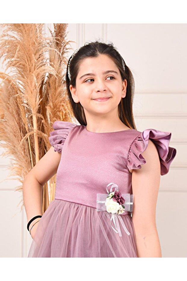 Kız Çocuk Mavi Fırfırlı Kısa Kollu Uzun Tütülü Simli Elsa Abiye Elbise - 1