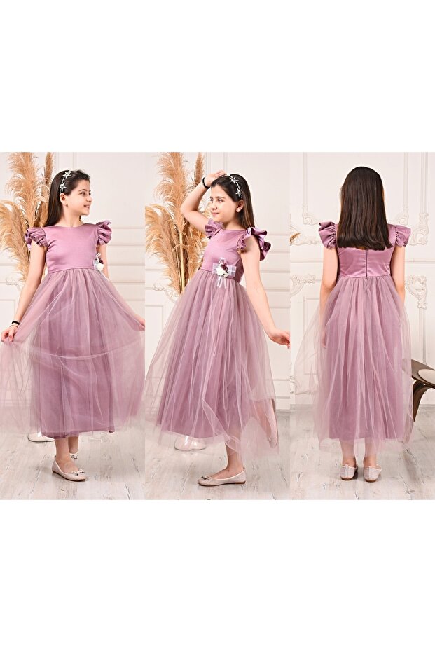 Kız Çocuk Mavi Fırfırlı Kısa Kollu Uzun Tütülü Simli Elsa Abiye Elbise - 2