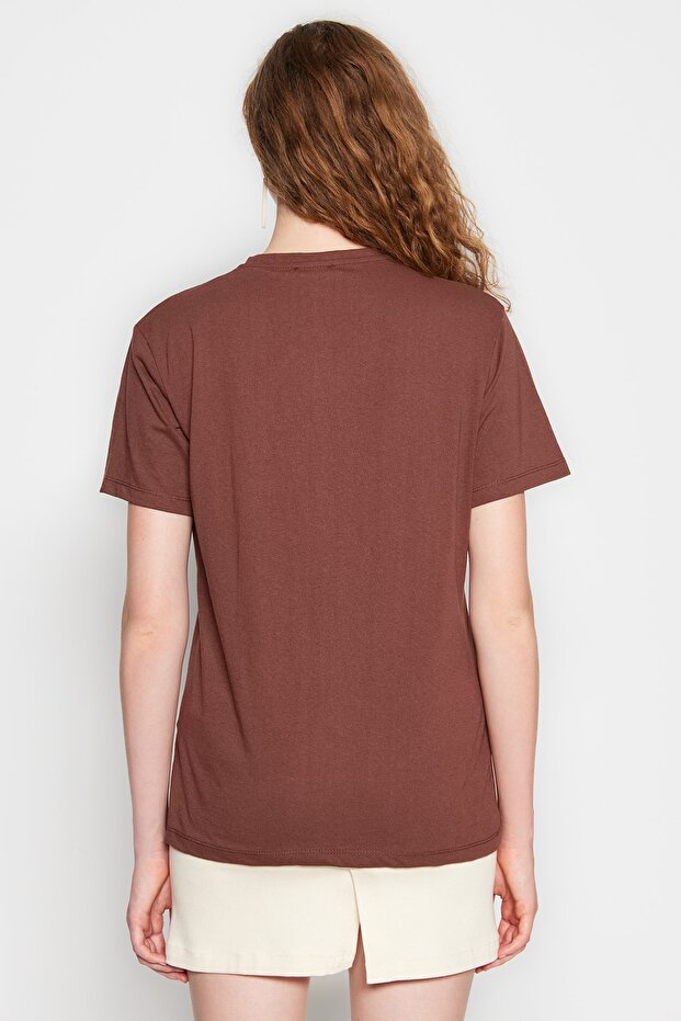 Kahverengi %100 Pamuk Bisiklet Yaka Oversize/Geniş Kalıp Örme T-Shirt TWOSS20TS0134 - 12