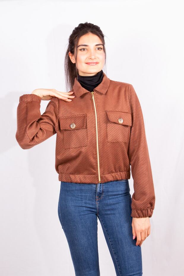 Kaşmir Taba Rengi Kazayağı Desenli Kısa Kaban - 3