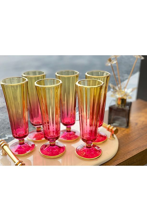 6 Lı Renkli Yaldızlı Cam Kahve Yanı Su Bardağı Flüt Bardak 150ml - 2