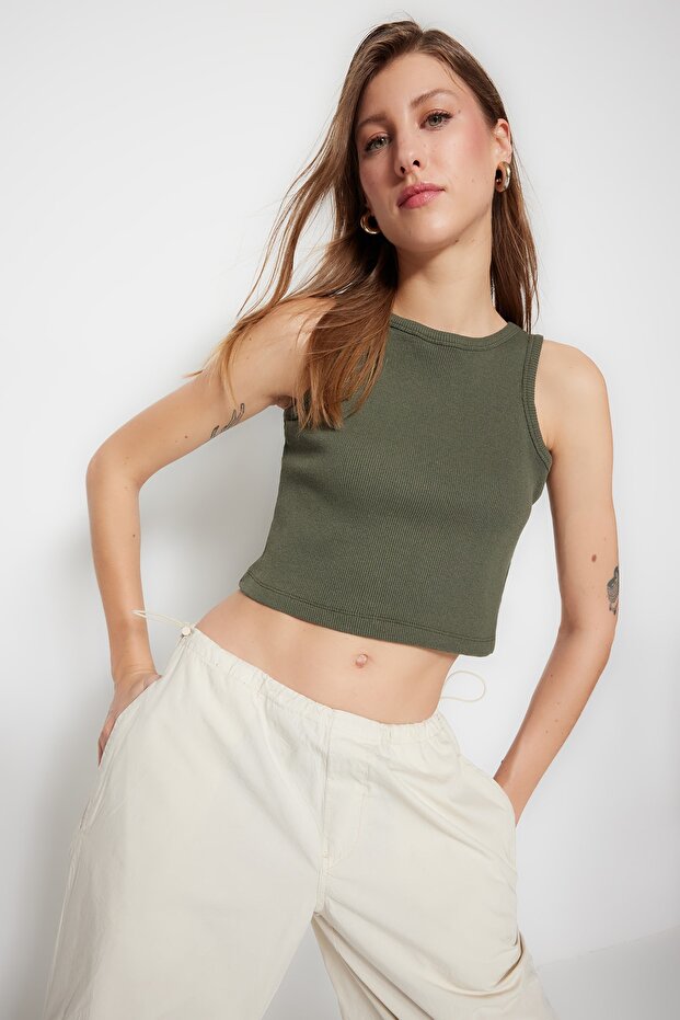 Haki-Bej 2'li Paket Fitted/Vücuda Oturan Crop Halter Yaka Fitilli Esnek Örme Atlet TWOSS21AL0058 - 4