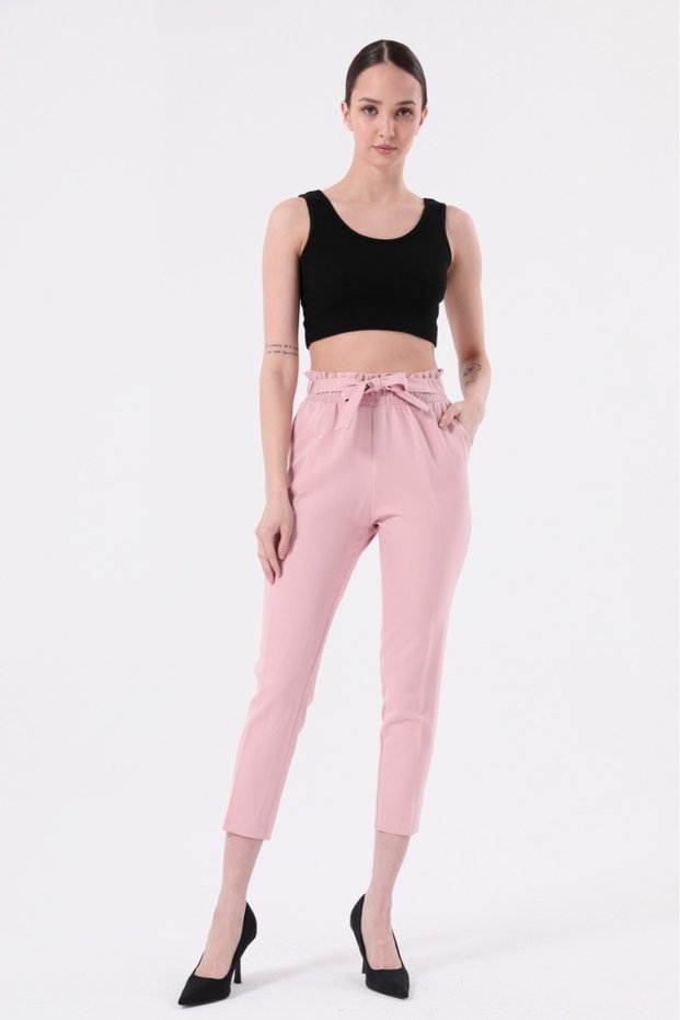 Women's Seasonal Elastic Waist Atlas Fabric Carrot Cut Pink Trousers