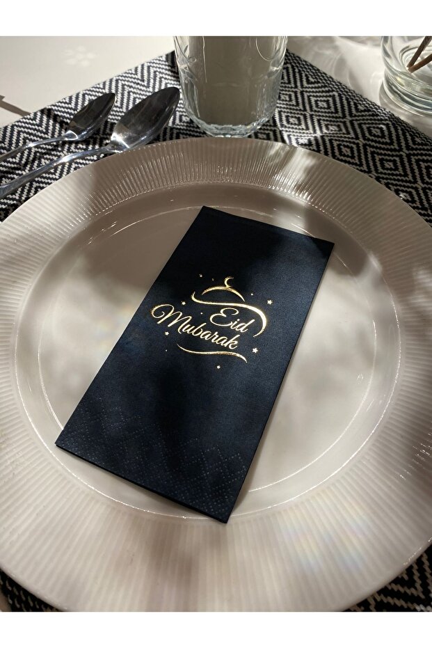 Gold Gilded Black Eid Mubarak Napkin 16 Pieces