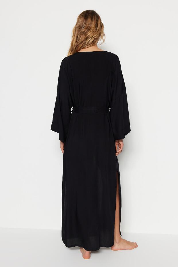 Siyah Dokuma Maxi Plaj Kuşaklı Kimono&Kaftan TBESS21KM0152 - 6