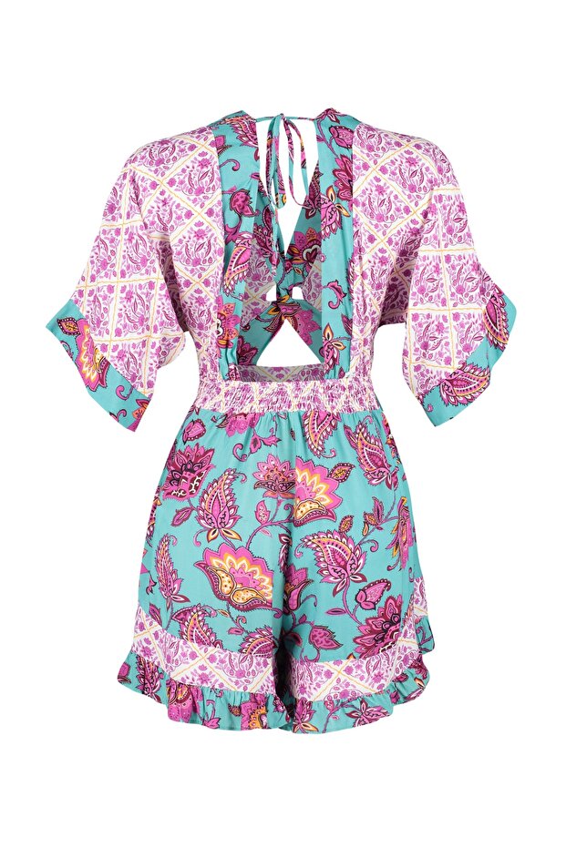 Çiçek Desenli Dokuma Cut Out Detaylı Plaj Mini Tulum TBESS23EL00017 - 6