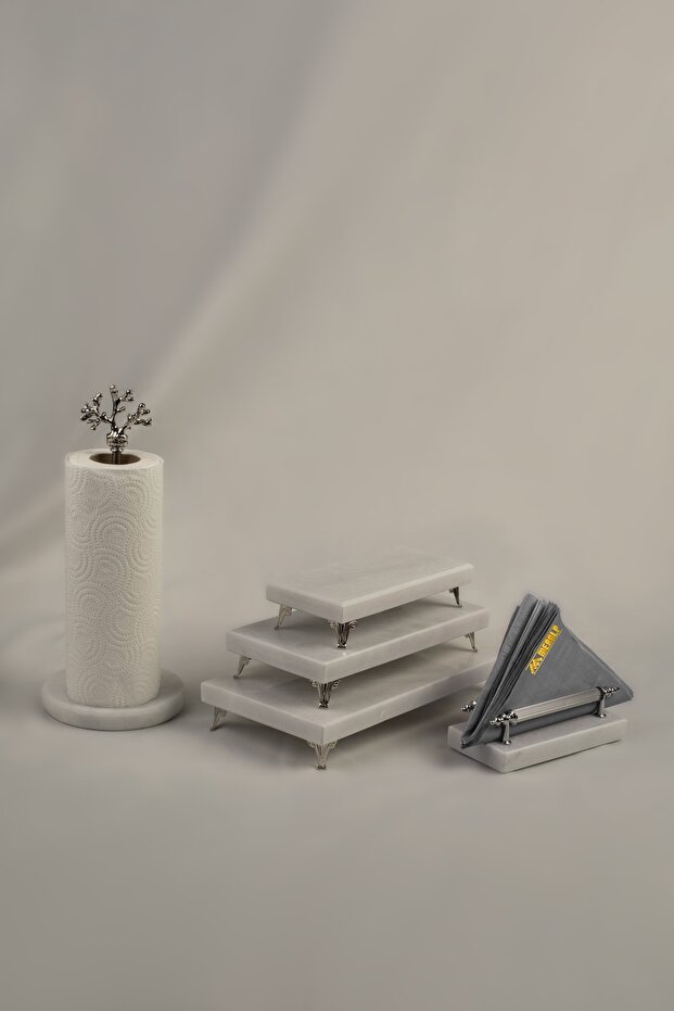 3-Piece Silver Marble Dowry Set Presentation Holder & Napkin Holder & Roll Napkin Holder Cake Presentation, Metal Profile Base