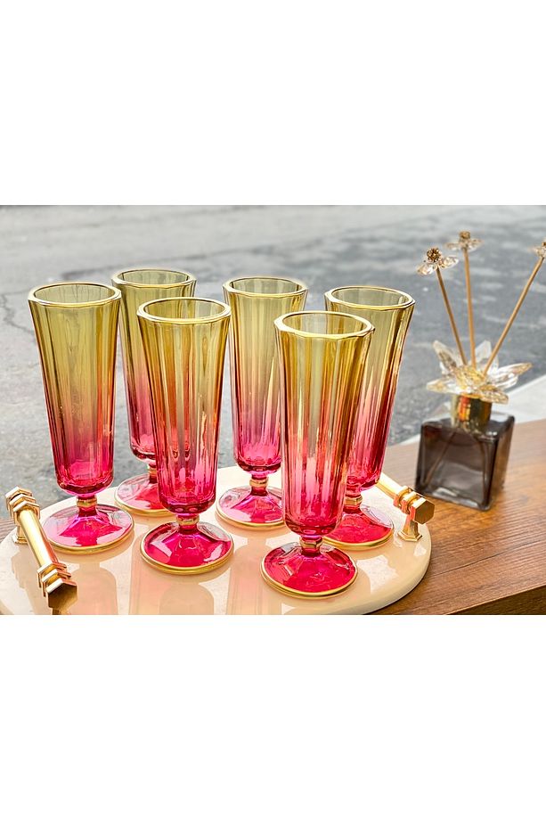 6 Lı Renkli Yaldızlı Cam Kahve Yanı Su Bardağı Flüt Bardak 150ml - 1