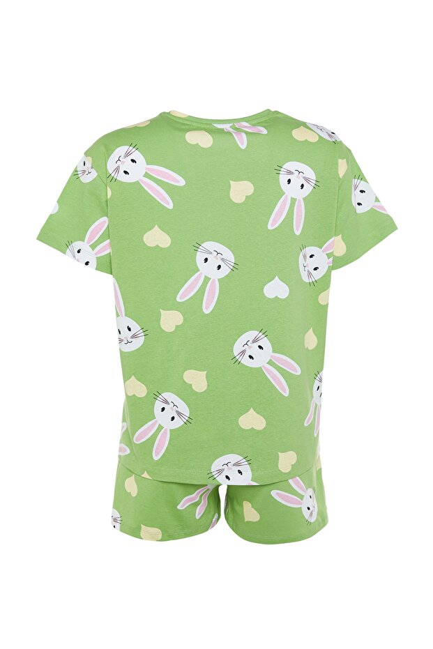 Yeşil %100 Pamuklu Kalpli Tavşan Desenli Şortlu Örme Pijama Takımı THMSS23PT00005 - 9